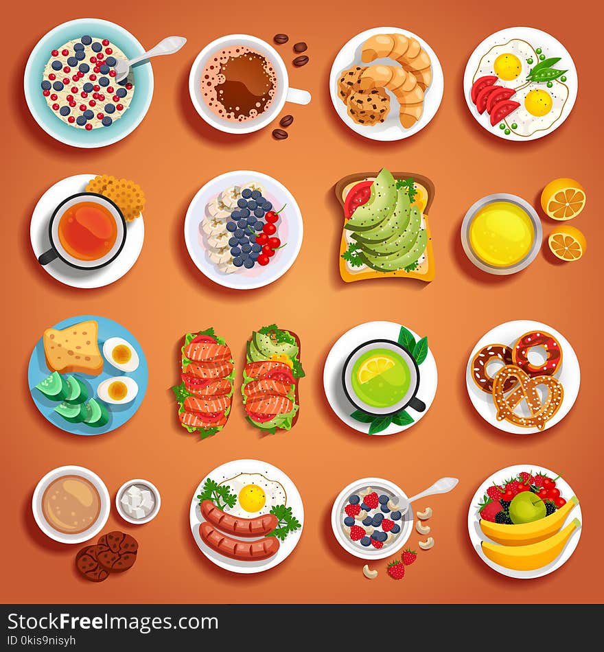 Colorful breakfast dishes set on orange background with fruits pastry bakery scrambled boiled eggs sandwiches on plates of different size vector illustration. Colorful breakfast dishes set on orange background with fruits pastry bakery scrambled boiled eggs sandwiches on plates of different size vector illustration