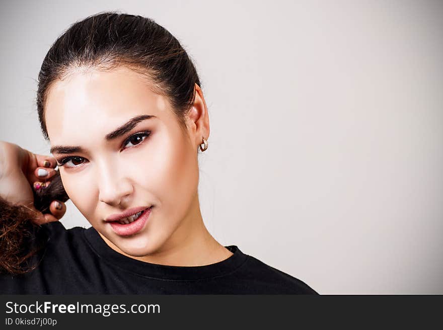 Portrait Of Beautiful Woman With Vitiligo In Black T-shirt.