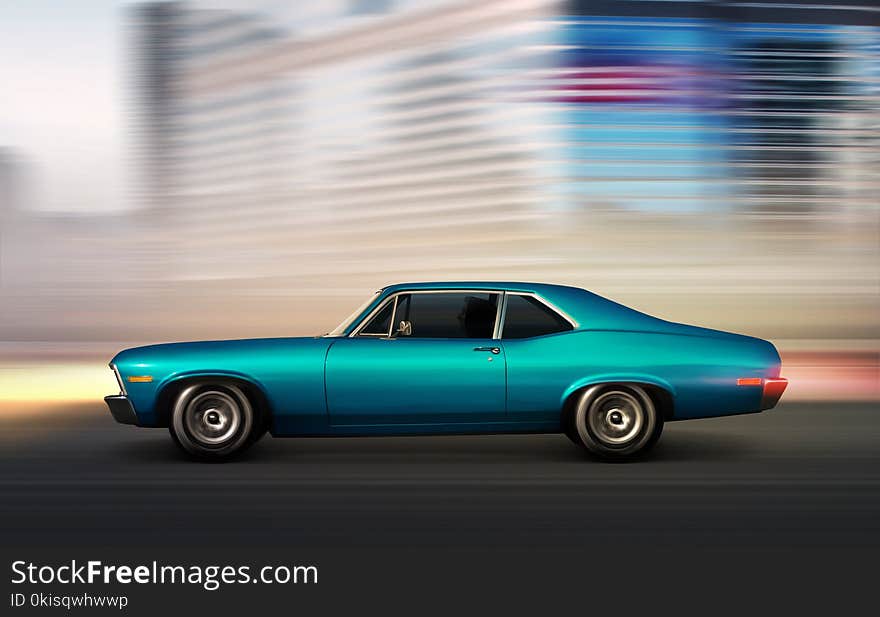 Blue retro car moving at night