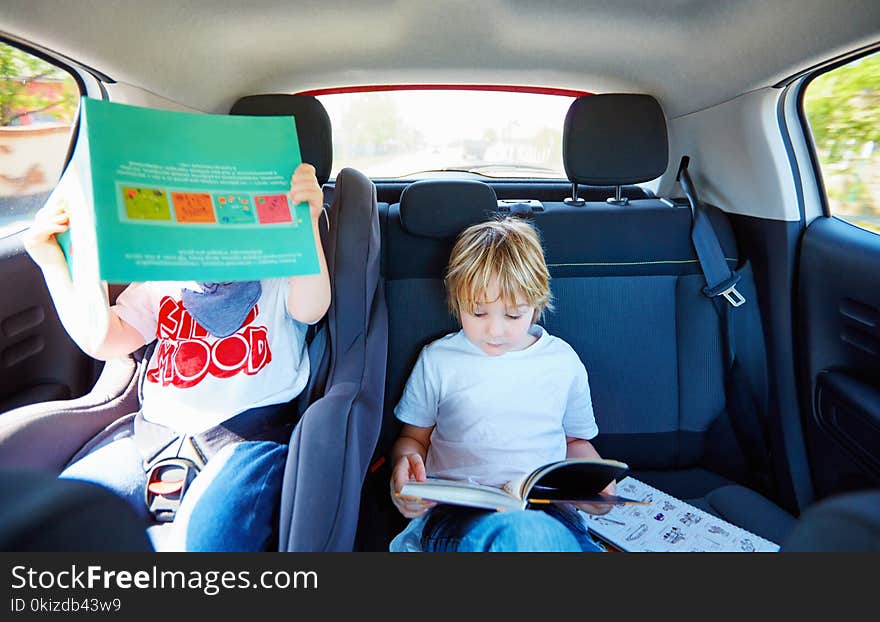 Young kids sitting on back seat, reading book while traveling in the car