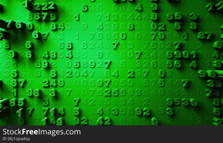 Abstract Numbers Random Motion green color 3d rendering