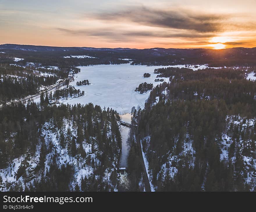 Aerial Photo Of Snowy Forest During Sunset