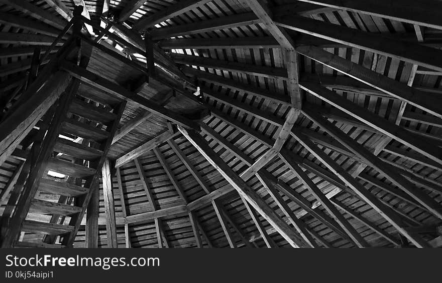 Brown Wooden Ceiling in Grayscale Photo