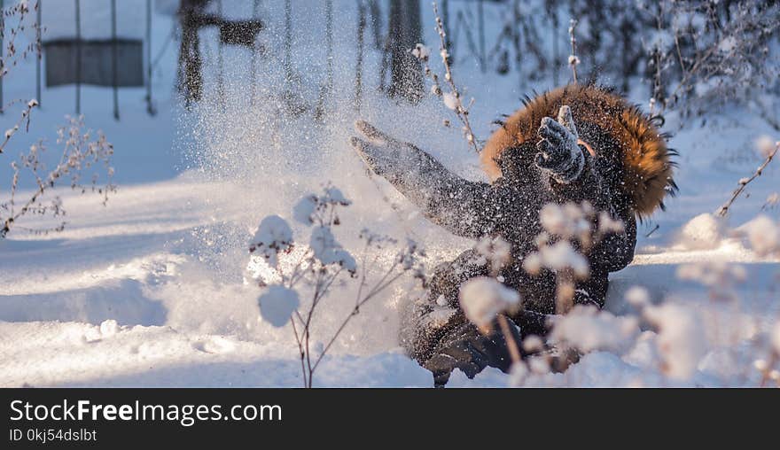 Human Wearing Black Parka Coat Playing on Snow