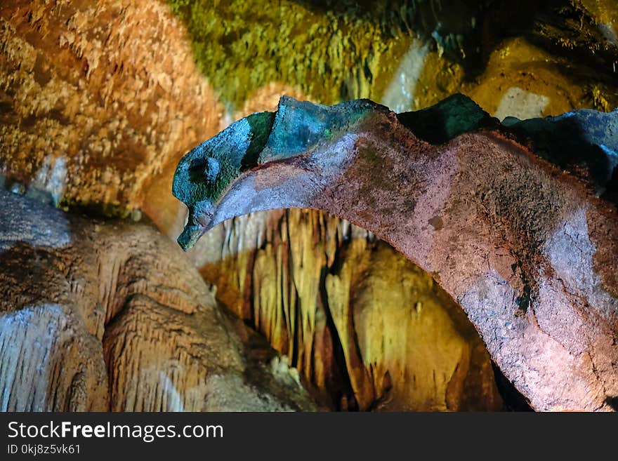 THAM KHAO BIN CAVE, Stalactites and Stalacmites in the tradditional cave of Ratchaburi, Thailand