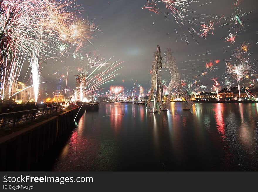 Fireworks, Reflection, Cityscape, Night