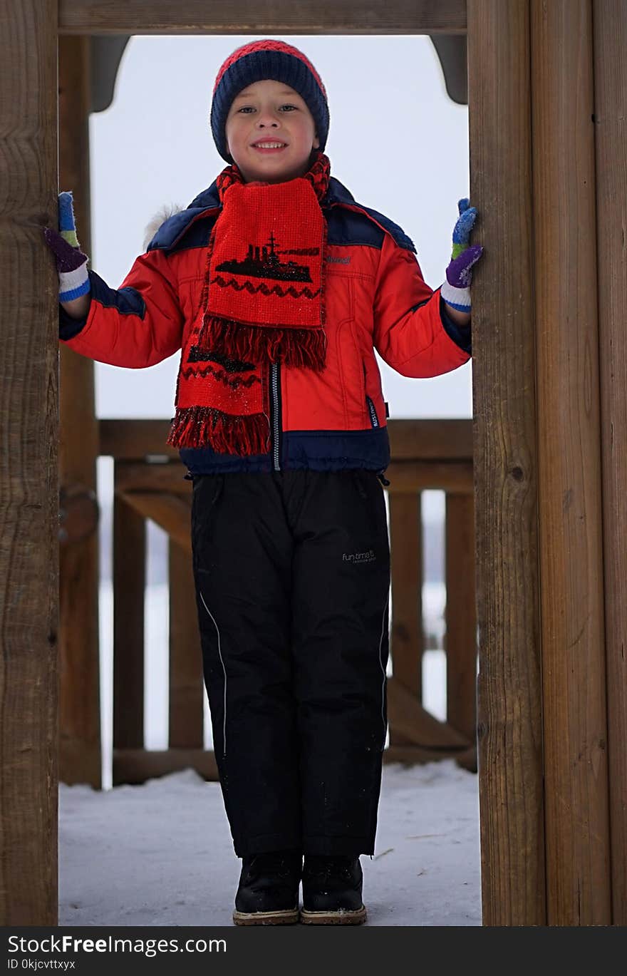 Red, Outerwear, Standing, Boy