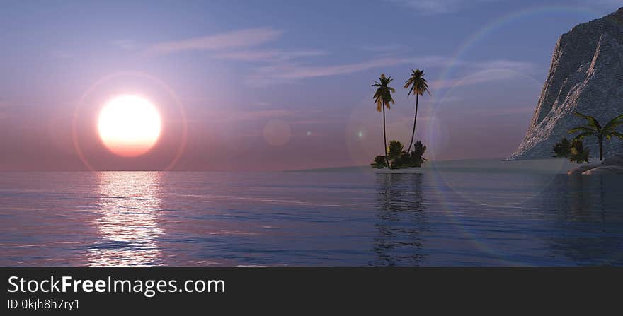 Tropical landscape, beach with palm trees at sunset