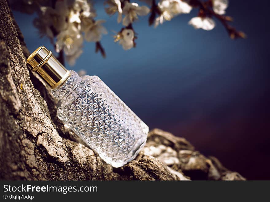 Female perfume with flowers on nature background. Female perfume with flowers on nature background