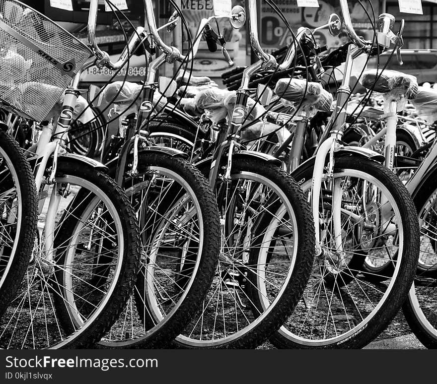 Grayscale Photo of Bicycles