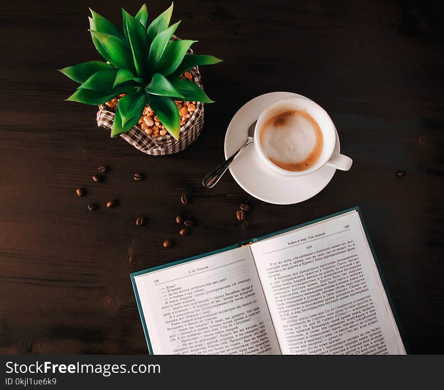 White Ceramic Mug on Saucer Near Book