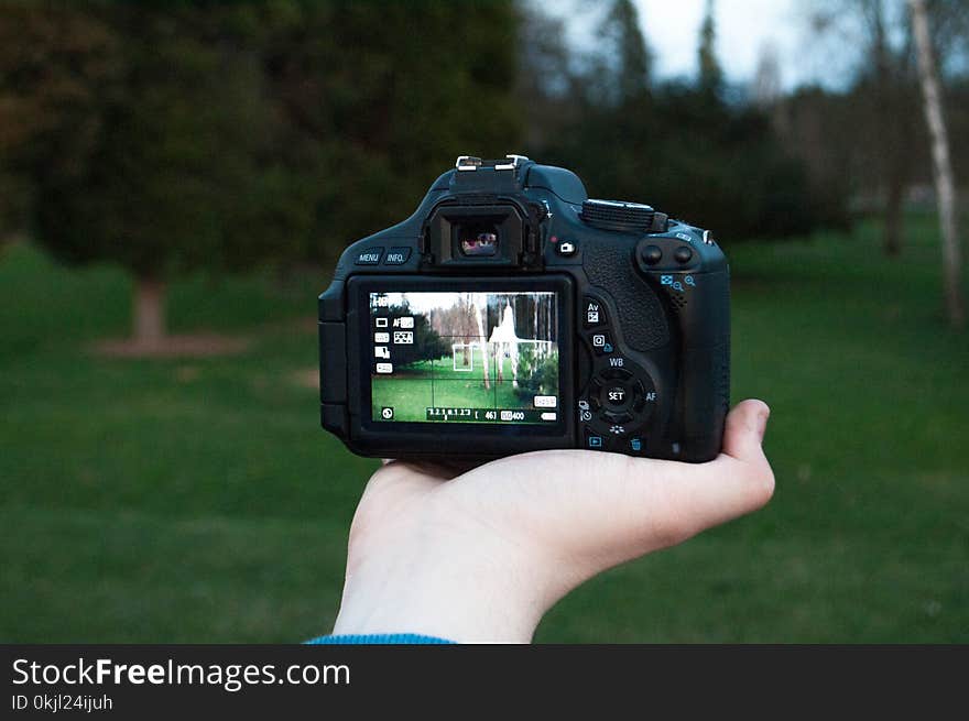 Shallow Focus Photography of Black Dslr Camera on Person&#x27;s Right Hand