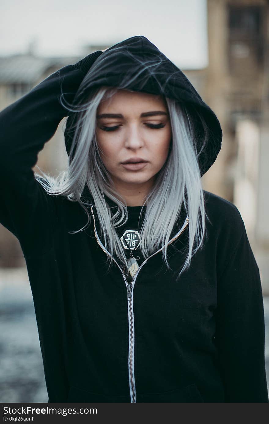 Woman in Black Zip-up Hoodie and Blonde Hair