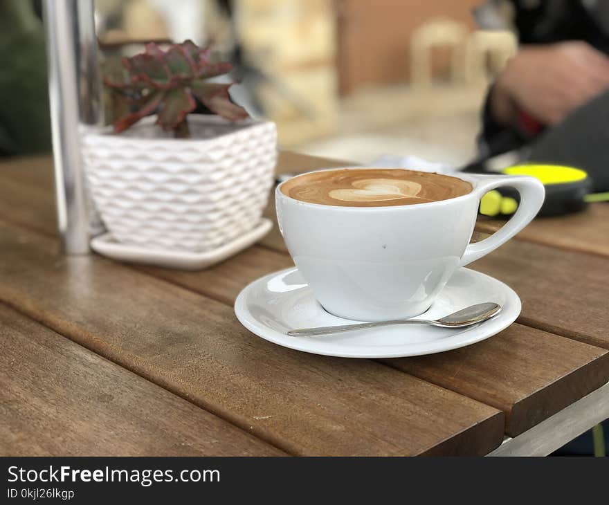 White Ceramic Coffee Mug With Saucer and Teaspoon