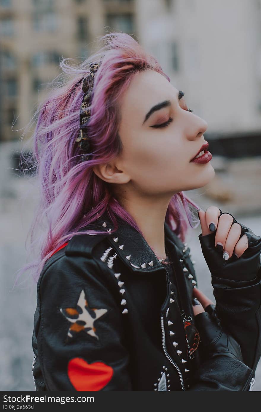 Woman Wearing Black Leather Zip-up Jacket