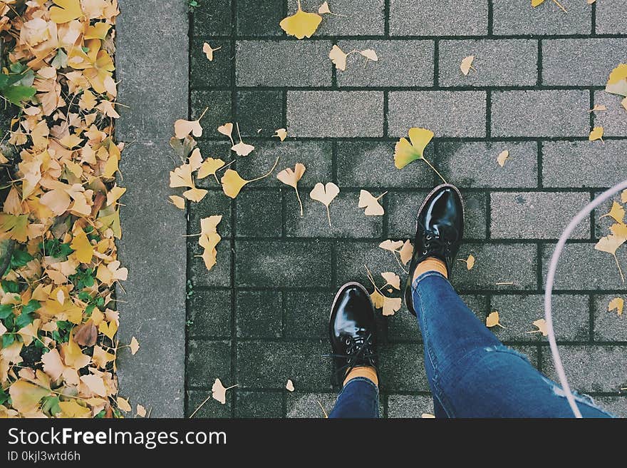 Person Wearing Black Patent Leather Dress Shoes on Gray Brick Pathway