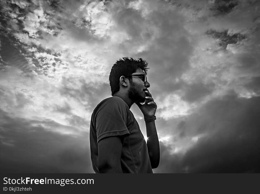 Man Wearing T-shirt Grayscale Photograph