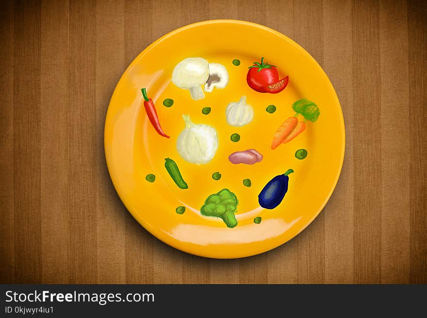 Colorful Plate With Hand Drawn Icons, Symbols, Vegetables And Fruits