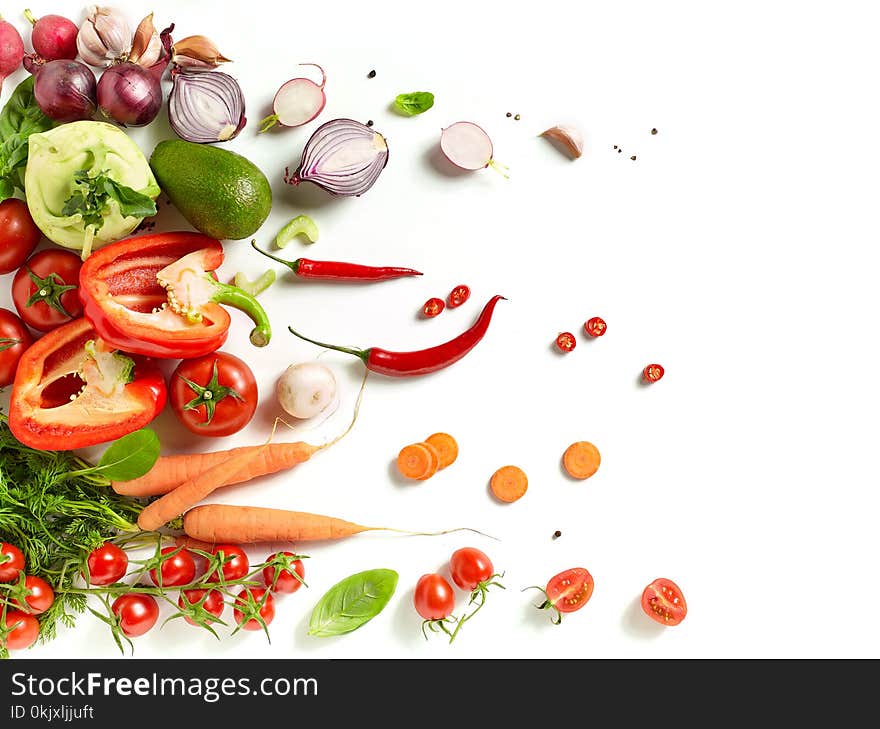 Various fresh vegetables isolated on white background, top view