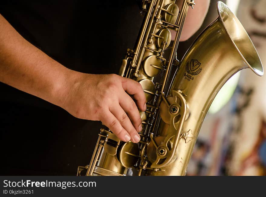 Person in Black Shirt Playing Brass-colored Saxophone