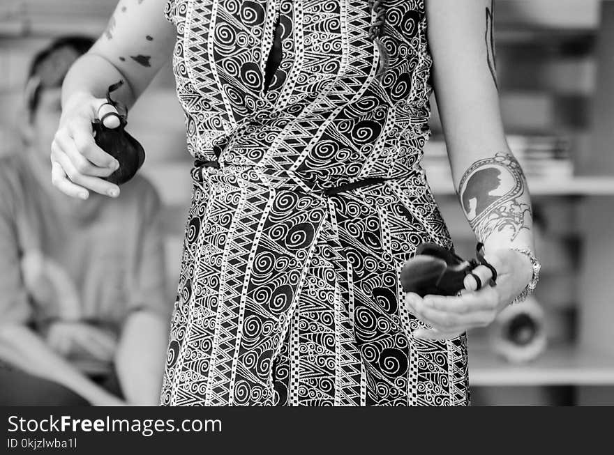 Grayscale Photo of Woman Wearing Dress