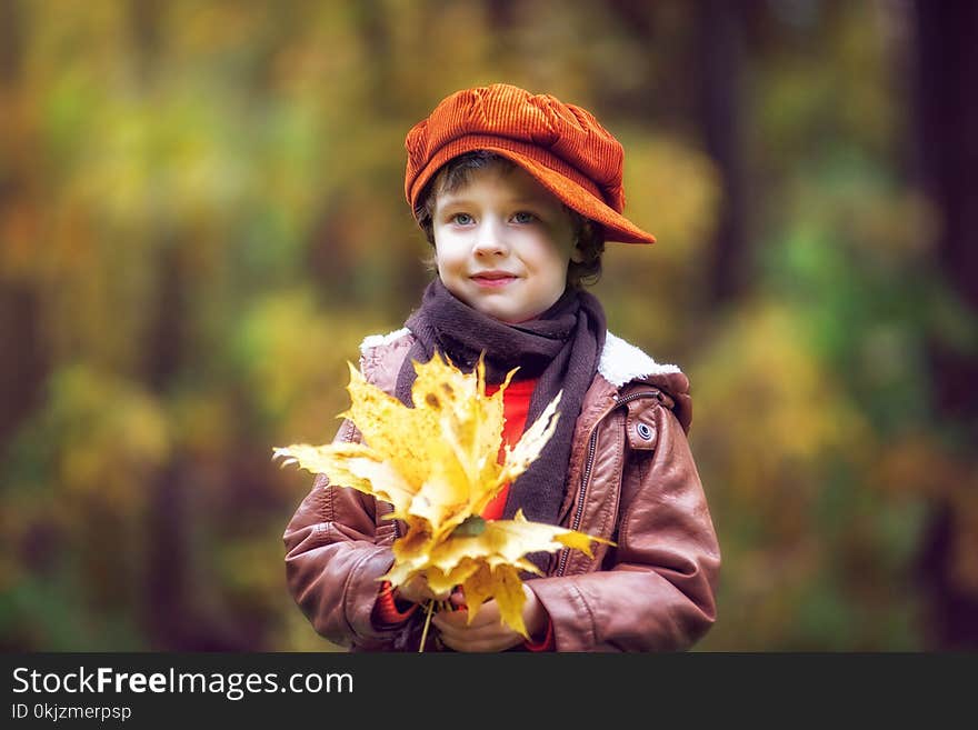 Boy Wearing Brown Leather Jacket Holding Yellow Leaves