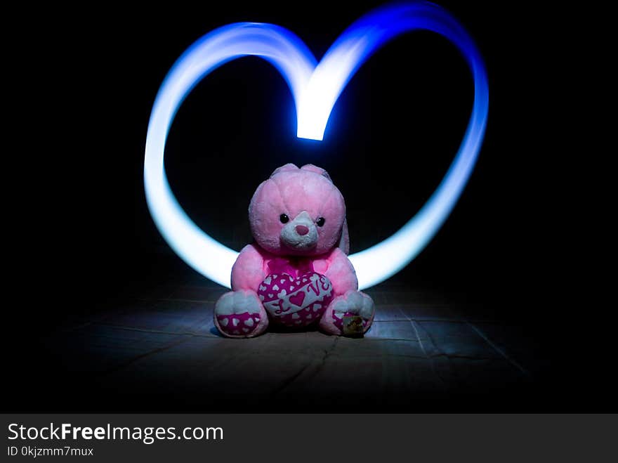 Pink Bear Plush Toy With Heart Draw-lighting Photography Effect