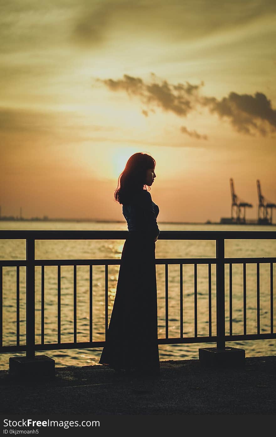 Silhouette Photo of Woman Near Railing