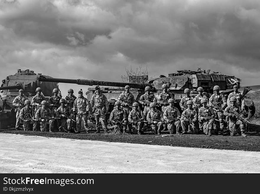 Greyscale Photography of Group of Soldiers