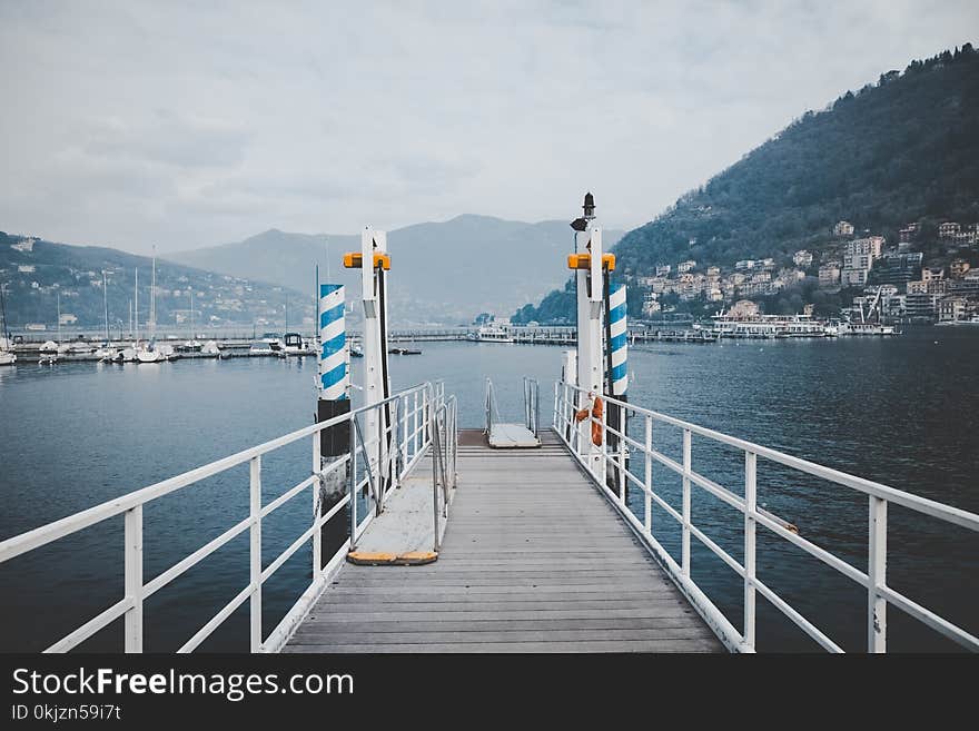 White and Brown Pathway Above Body of Water in Front of cityscape