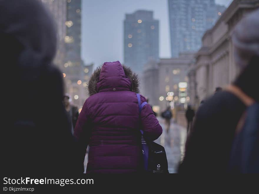 Selective Focus Photograph of Person Wearing Purple Hoodie Jacket Walking on Street