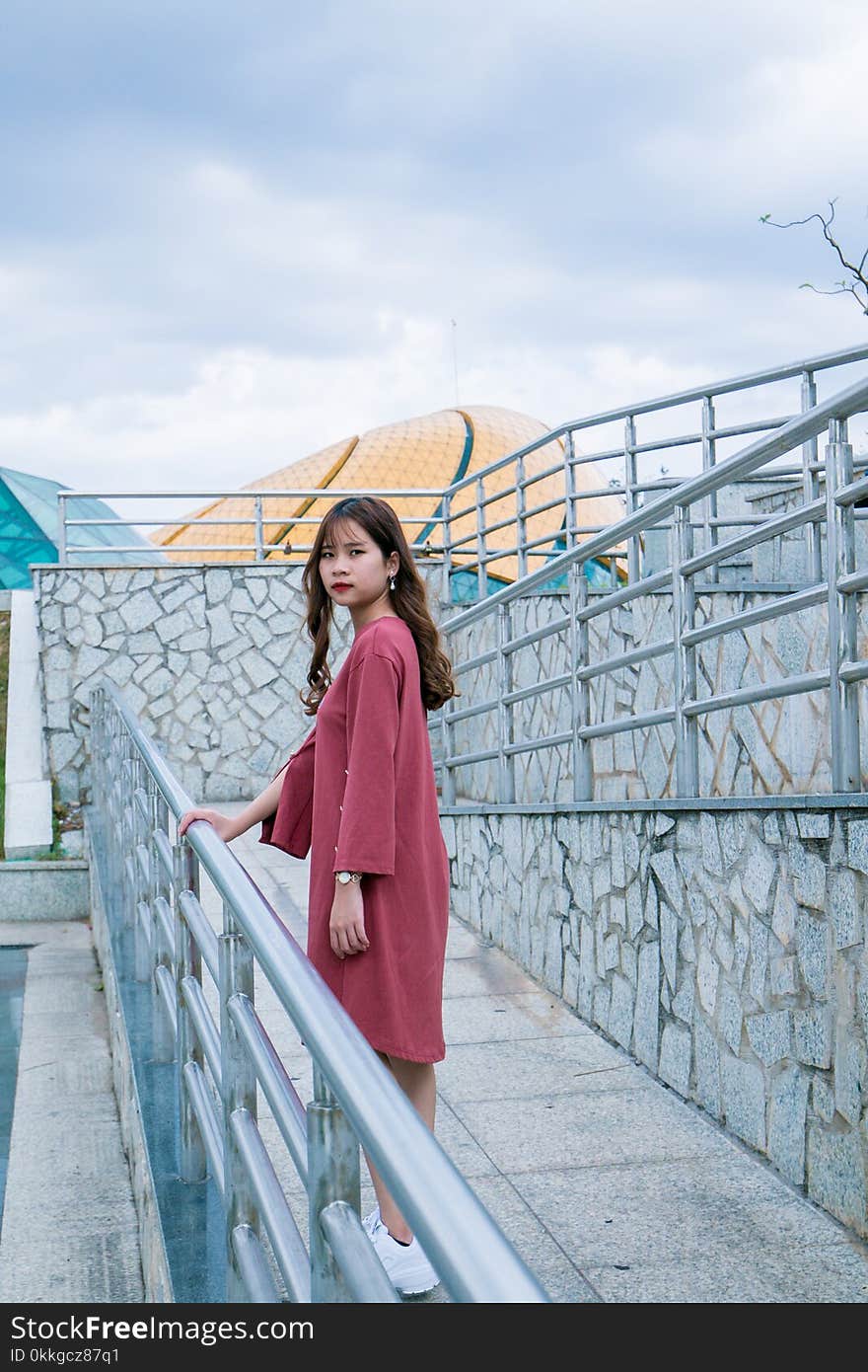 Woman Wearing Purple Crew-neck Long-sleeved Dress