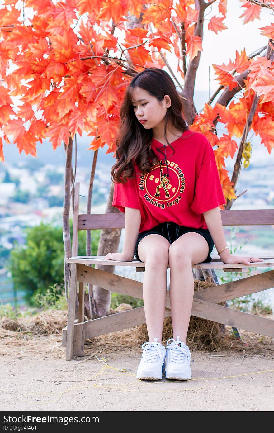 Woman Wearing Red Shirt Sitting on Bench Near Tree