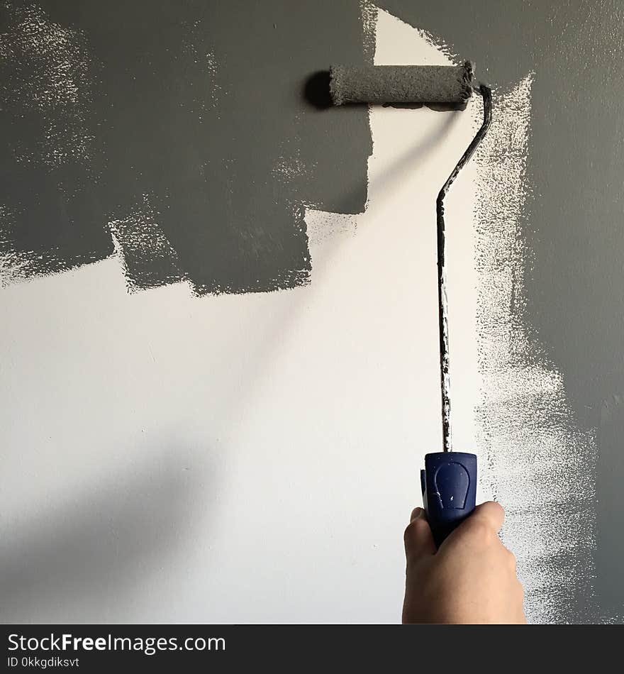 Person Holding Paint Roller While Painting the Wall