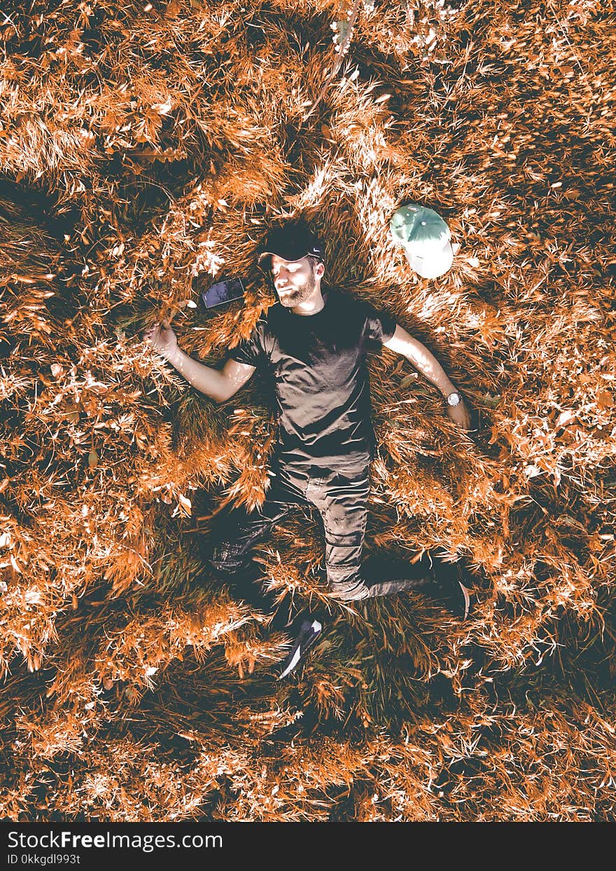 Man in Black Crew-neck Shirt and Black Pants Laying in Brown Dry Leaf