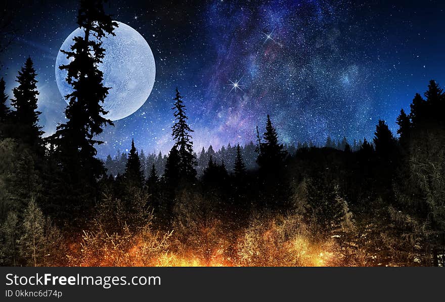 Background fantasy image with full moon in night glowing sky. Background fantasy image with full moon in night glowing sky