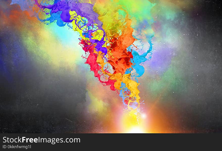 Colored paint splashes on dark cloud background. Colored paint splashes on dark cloud background