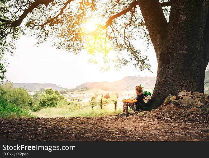 Little backpacker traveler rests under big tree on country road