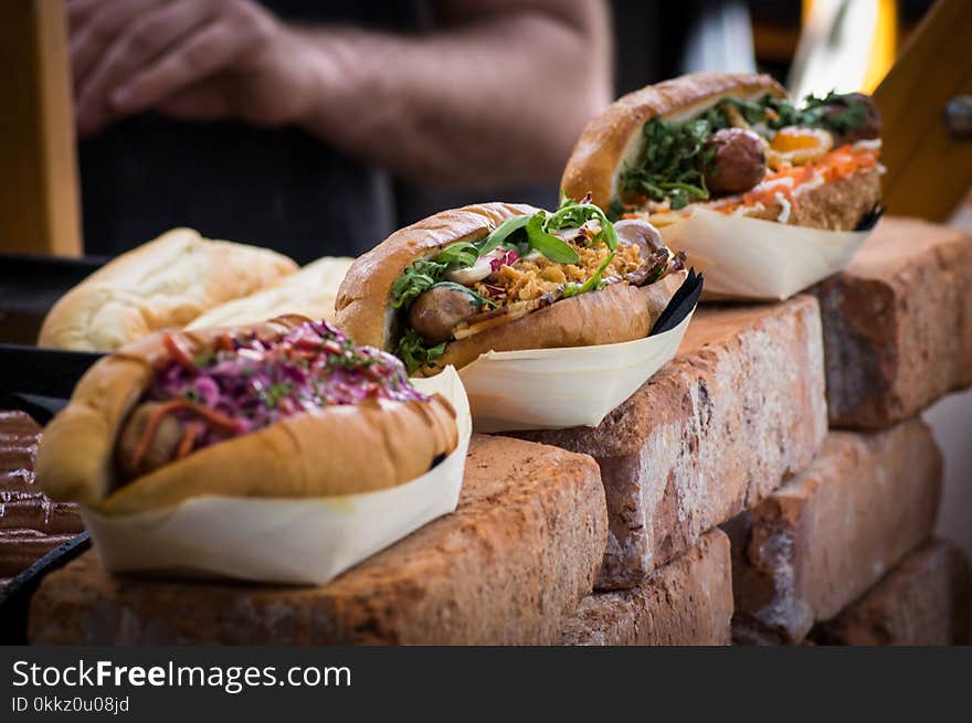 Closeup of modern burgers at open food market in Ljubljana, Slovenia