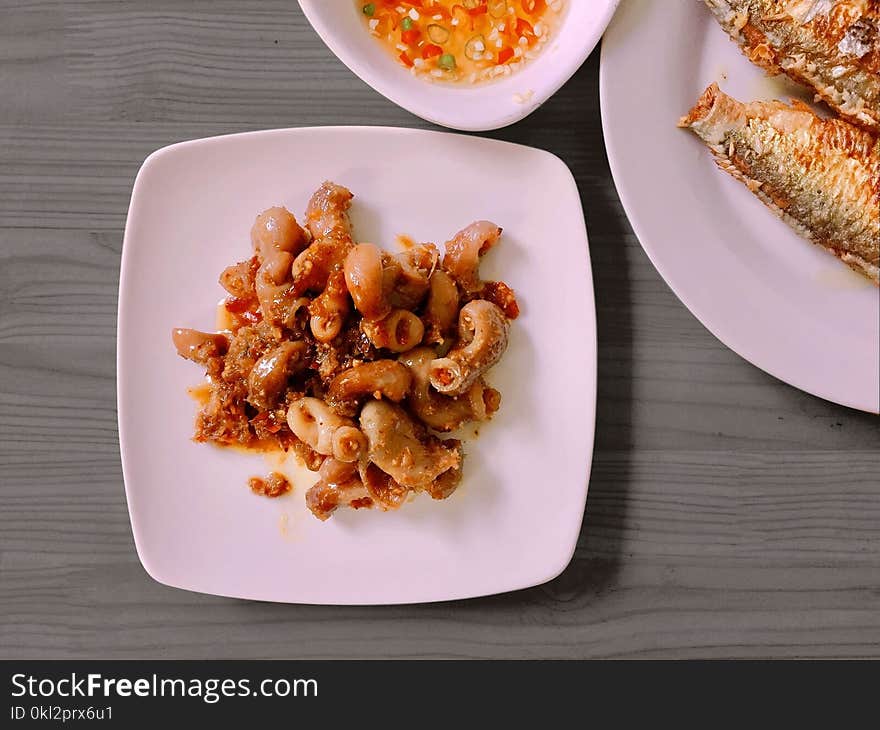 Cooked Pasta on White Ceramic Plate