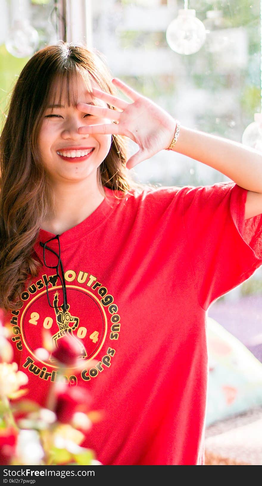 Woman Wearing Red Crew-neck Shirt