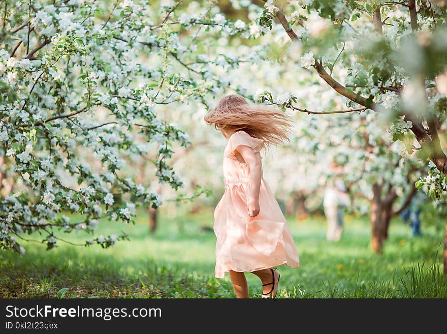 Cute Girl In Blooming Apple Tree Garden Enjoy The Warm Day