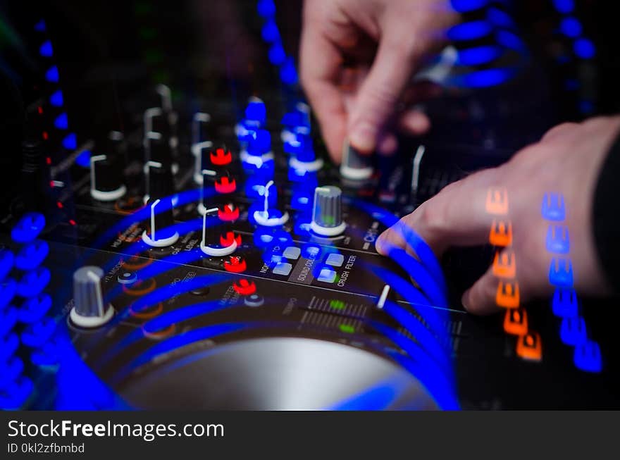 DJ Music night club. DJ set. Working hands