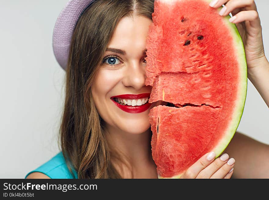 Beauty Face portrait of smiling woman with watermelon. Isolated portrait.