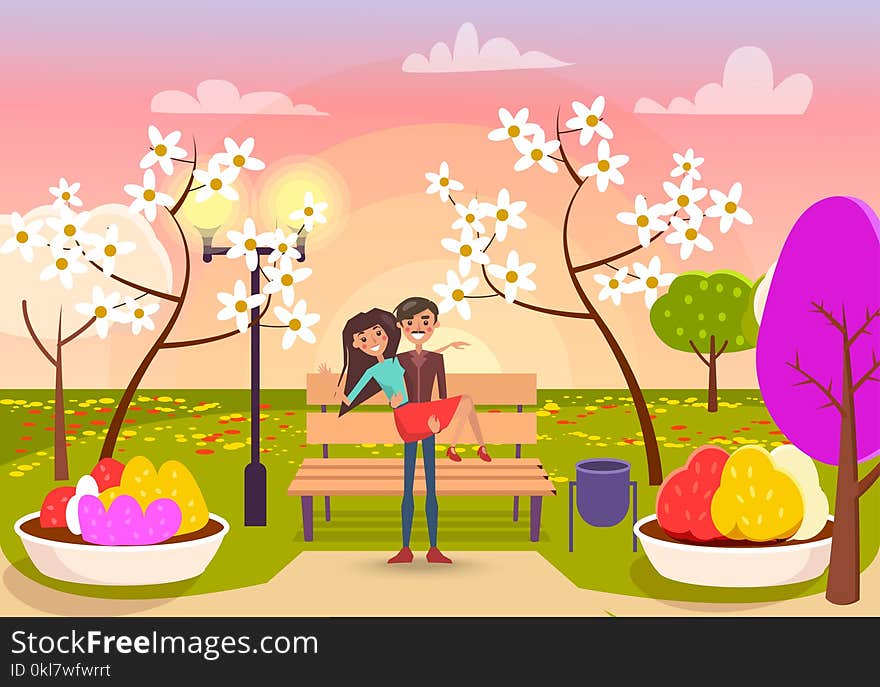 Man with mustache holds cheerful girl in his arms in garden with flowering trees, brown bench and color flower beds vector illustration. Man with mustache holds cheerful girl in his arms in garden with flowering trees, brown bench and color flower beds vector illustration