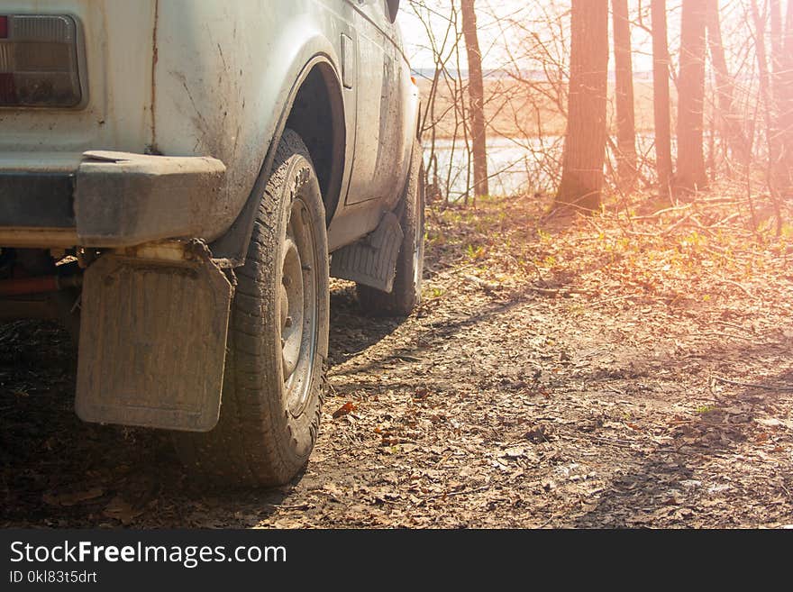 Dirty car wheel close up on nature sunset