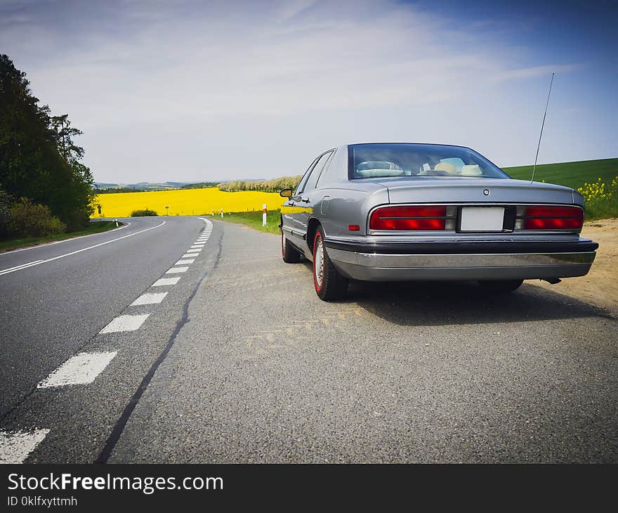 American luxury sedan from 90s parked by the road in front of the yellow field. American luxury sedan from 90s parked by the road in front of the yellow field