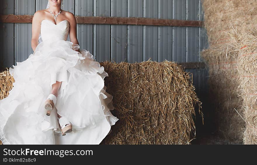 Woman in White Strapless Sweetheart Neckline Bridal Gown Sitting of Brown Hay