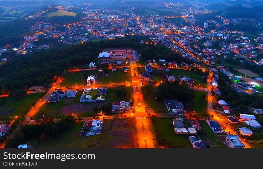 Aerial Photography of Lighted Houses Taken during Nighttime