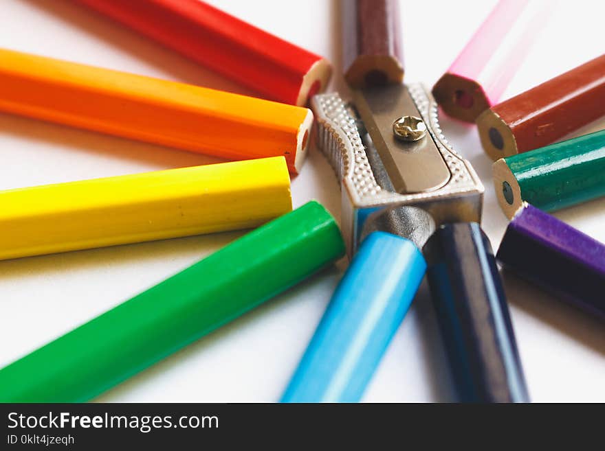 Rainbow from colored pencils. macro detail. sharpener silver